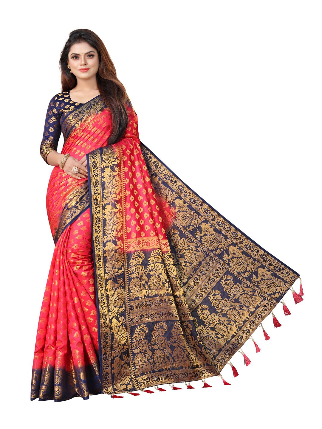 

PERFECT WEAR Red & Navy Blue Ethnic Motifs Zari Silk Cotton Banarasi Saree