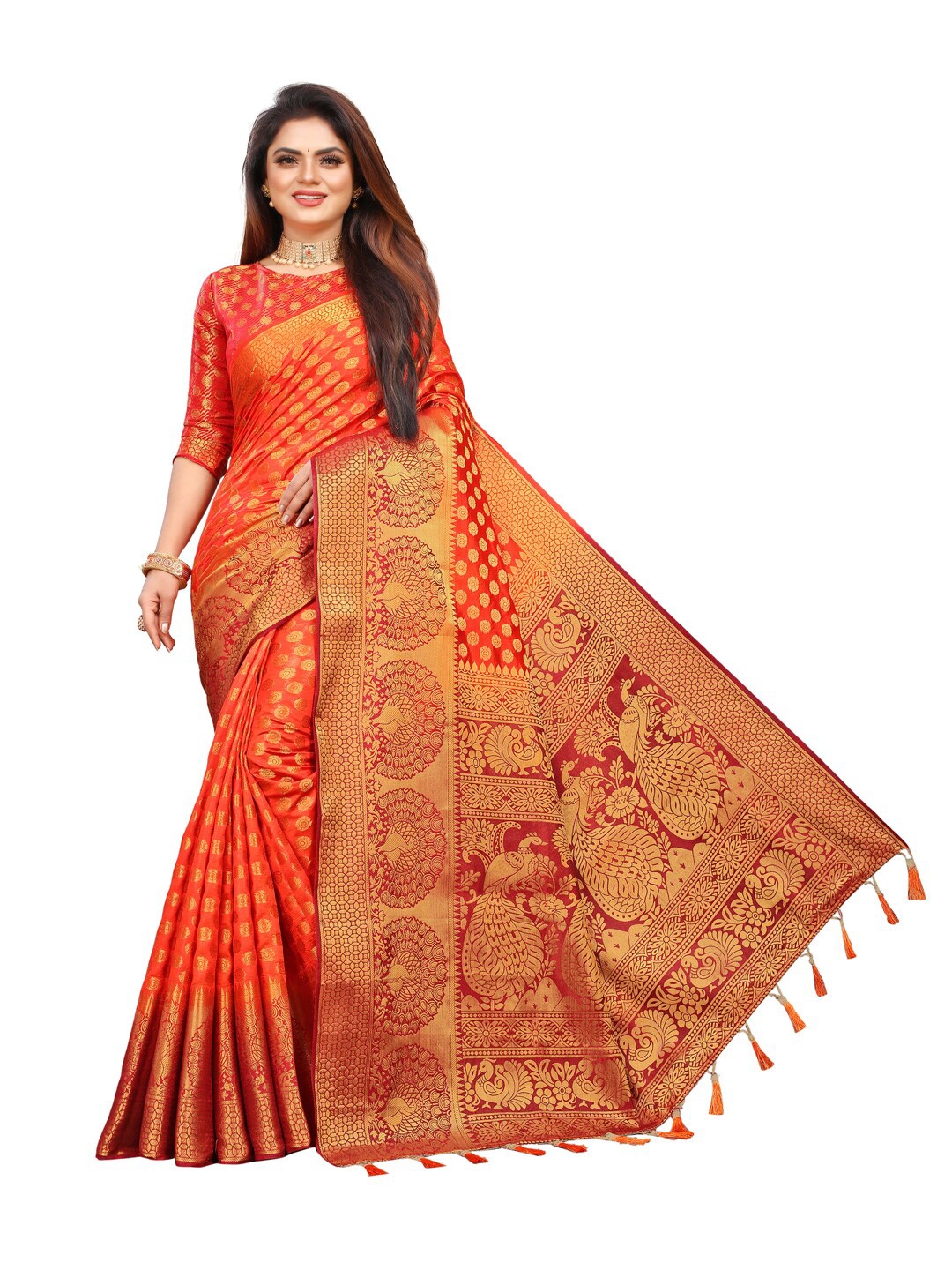 

PERFECT WEAR Red & Gold-Toned Woven Design Zari Silk Cotton Banarasi Saree