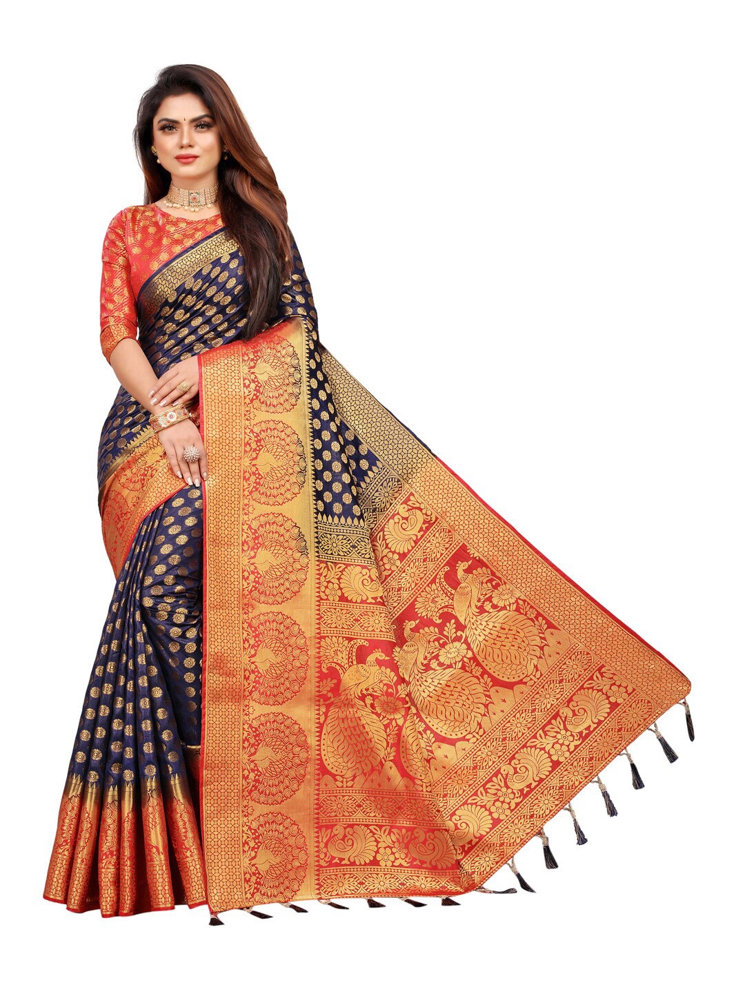 

PERFECT WEAR Navy Blue & Red Ethnic Motifs Zari Silk Cotton Banarasi Saree