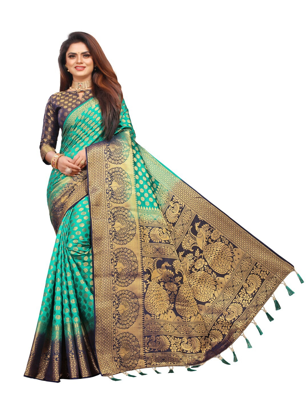 

PERFECT WEAR Sea Green & Navy Blue Woven Design Zari Silk Cotton Banarasi Saree