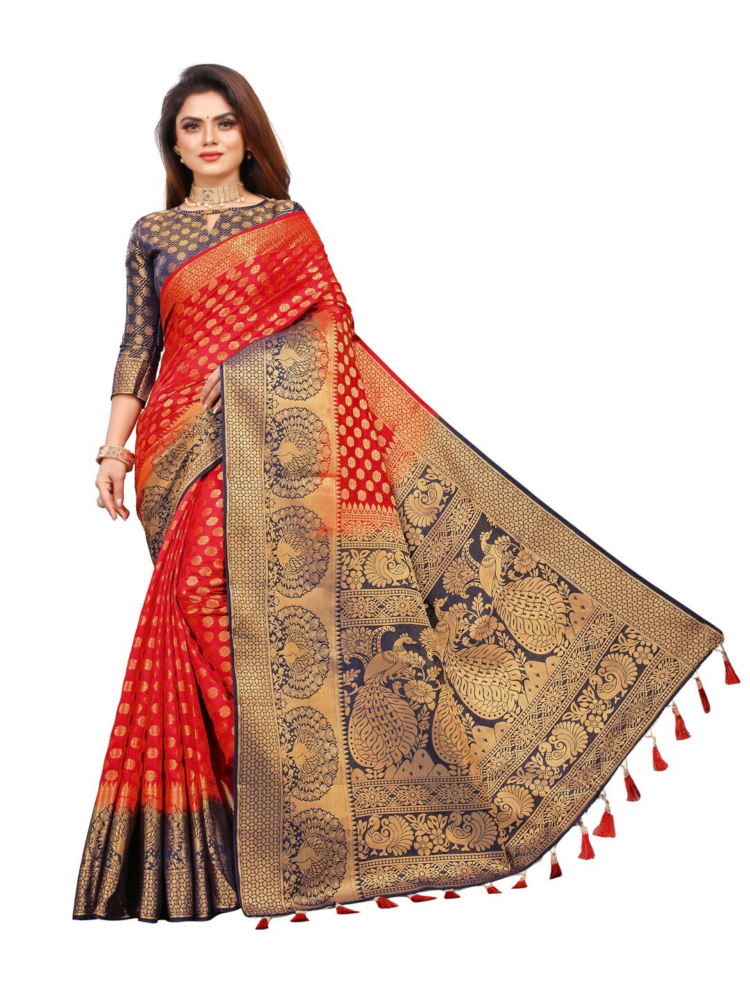 

PERFECT WEAR Red & Blue Woven Design Zari Silk Cotton Banarasi Saree