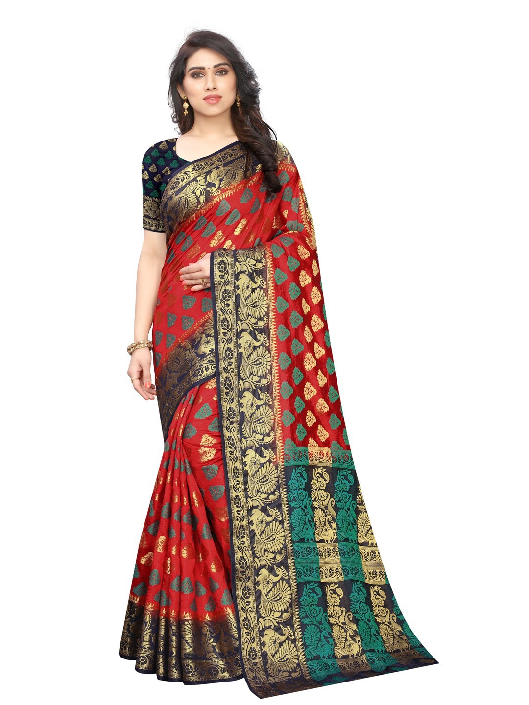 

PERFECT WEAR Red & Navy Blue Woven Design Zari Silk Cotton Banarasi Saree