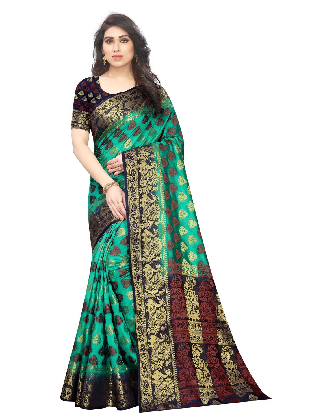 

PERFECT WEAR Green & Navy Blue Ethnic Motifs Zari Silk Cotton Banarasi Saree