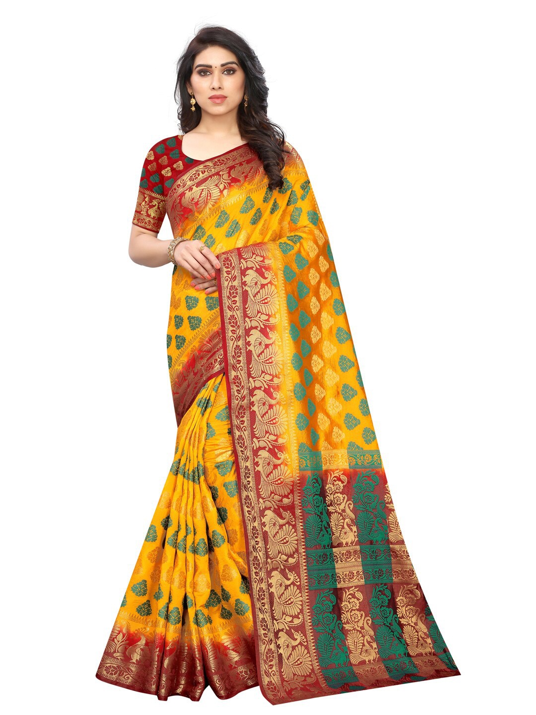 

PERFECT WEAR Mustard Yellow & Red Ethnic Motifs Zari Silk Cotton Banarasi Saree