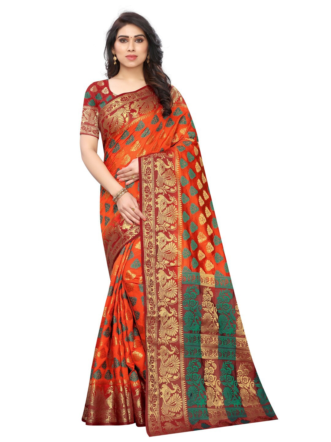 

PERFECT WEAR Orange & Maroon Woven Design Zari Silk Cotton Banarasi Saree