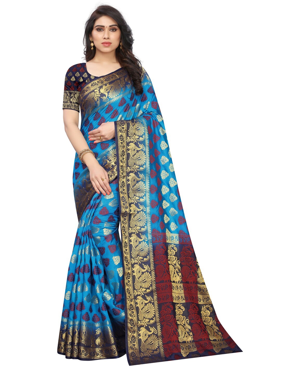 

PERFECT WEAR Navy Blue & Maroon Woven Design Zari Silk Cotton Banarasi Saree