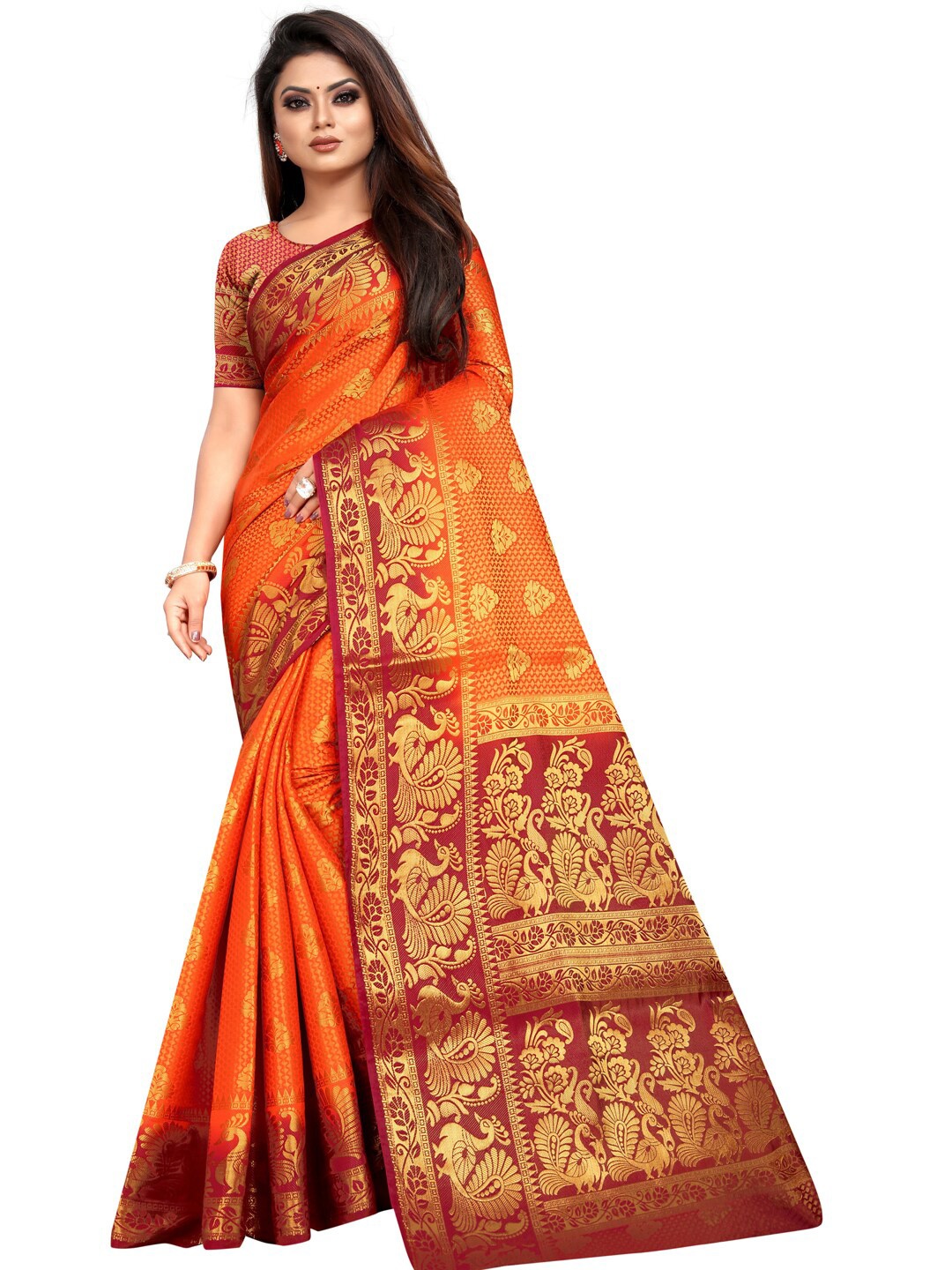 

PERFECT WEAR Rust & Red Ethnic Motifs Zari Silk Cotton Banarasi Saree