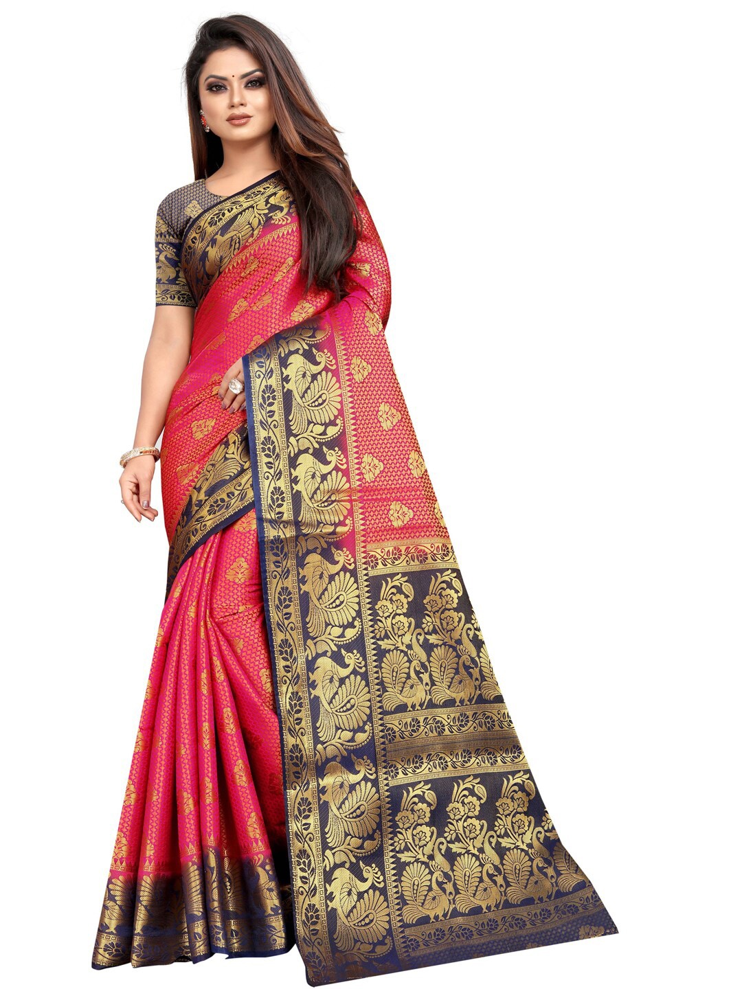 

PERFECT WEAR Pink & Navy Blue Woven Design Zari Silk Cotton Banarasi Saree