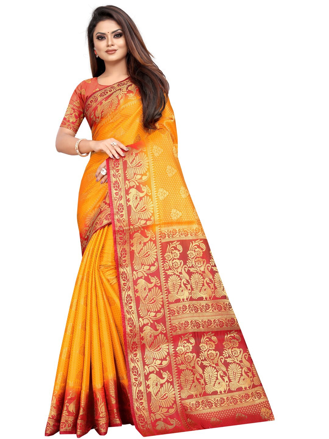 

PERFECT WEAR Yellow & Red Ethnic Motifs Silk Cotton Banarasi Saree