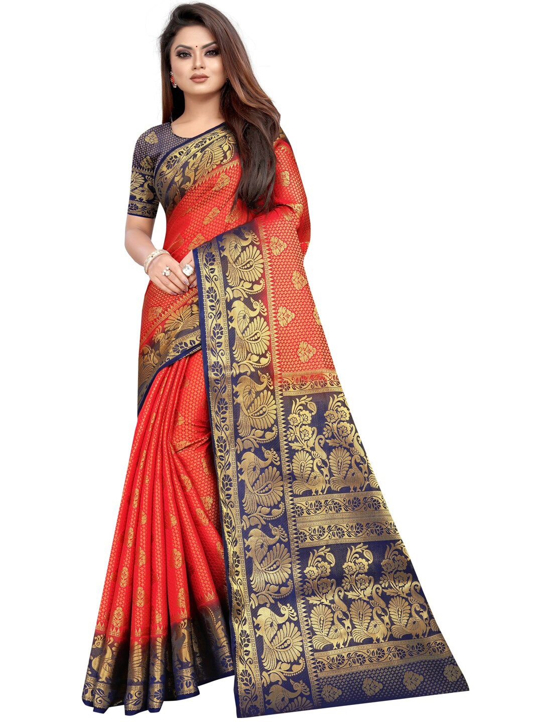 

PERFECT WEAR Red & Blue Ethnic Motifs Zari Silk Cotton Banarasi Saree