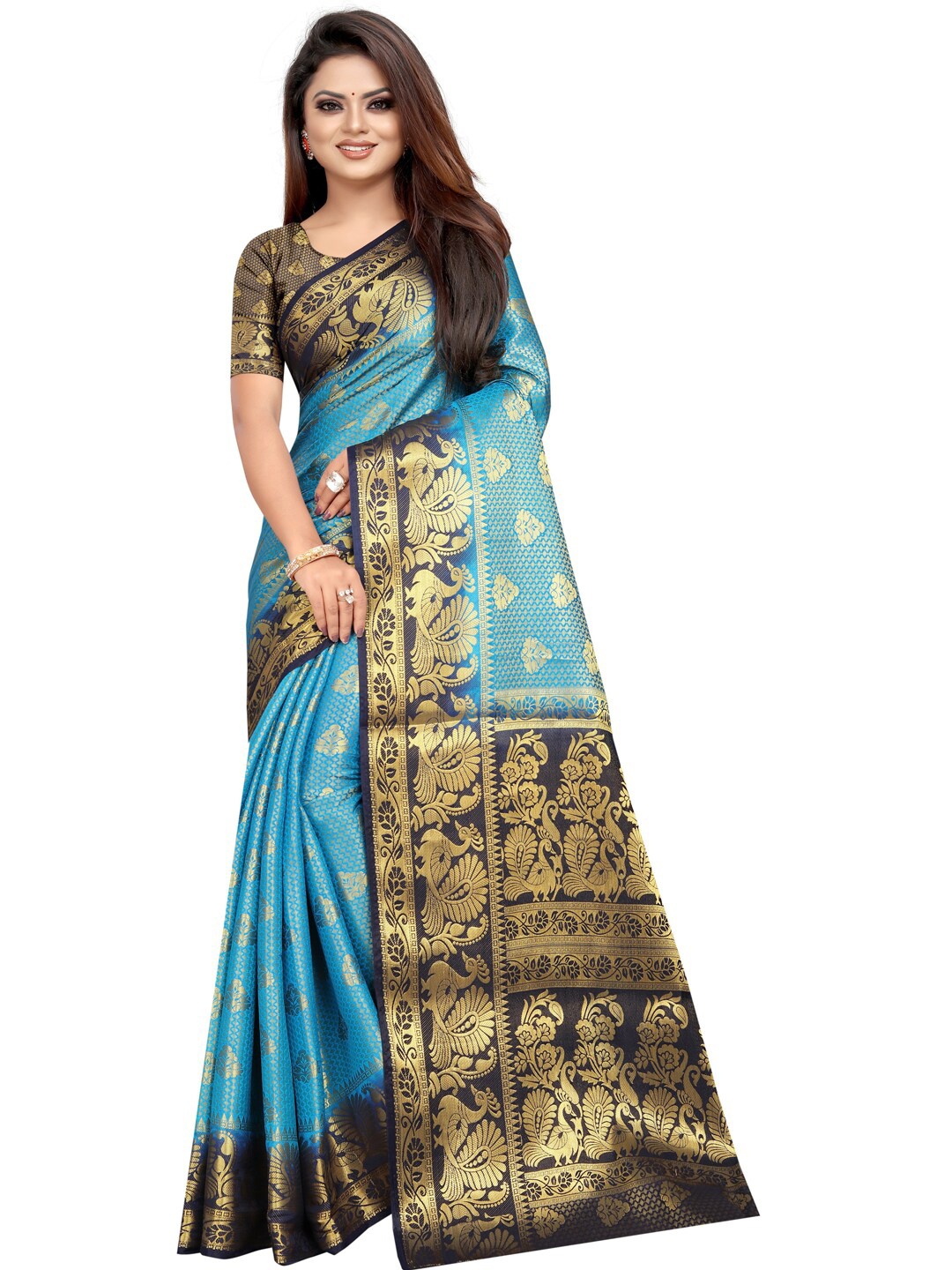 

PERFECT WEAR Blue & Gold-Toned Ethnic Motifs Zari Silk Cotton Banarasi Saree