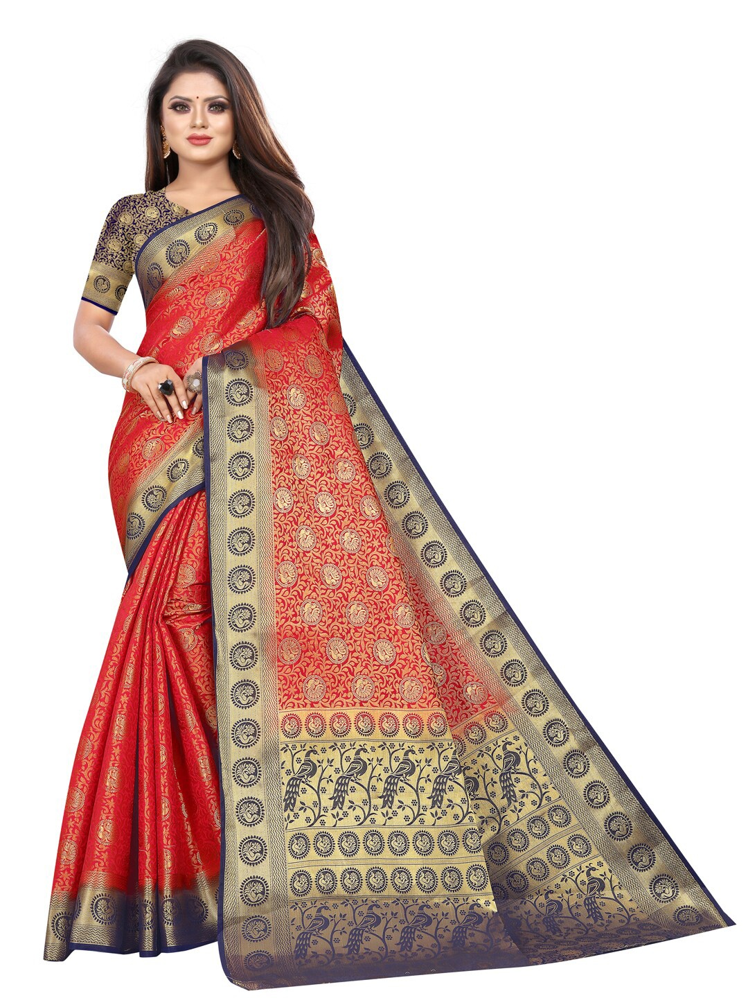 

PERFECT WEAR Red & Navy Blue Woven Design Zari Silk Cotton Banarasi Saree