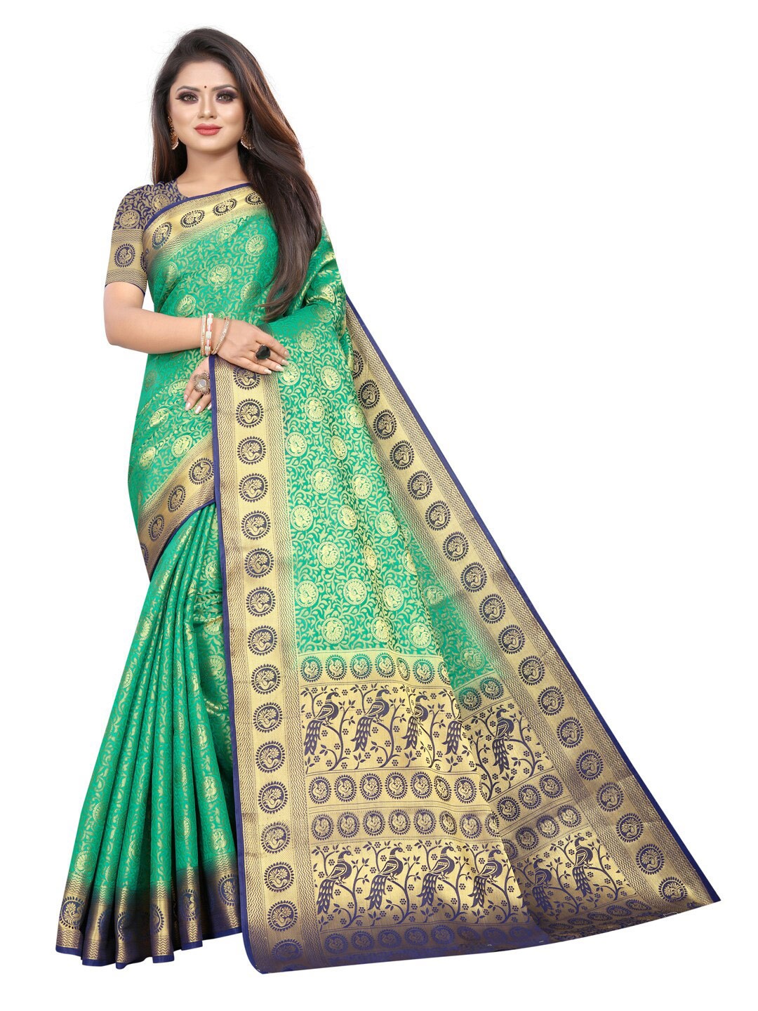 

PERFECT WEAR Green & Navy Blue Ethnic Motifs Zari Silk Cotton Banarasi Saree
