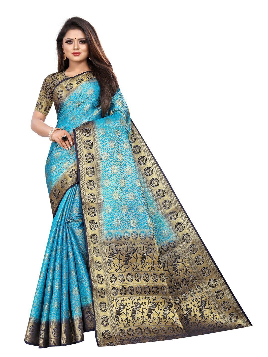 

PERFECT WEAR Sea Green & Navy Blue Woven Design Zari Silk Cotton Banarasi Saree