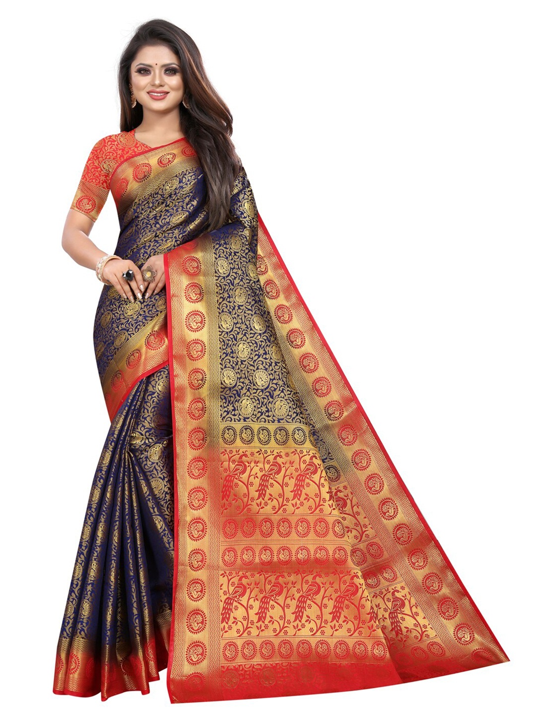 

PERFECT WEAR Blue & Red Ethnic Motifs Silk Cotton Banarasi Saree