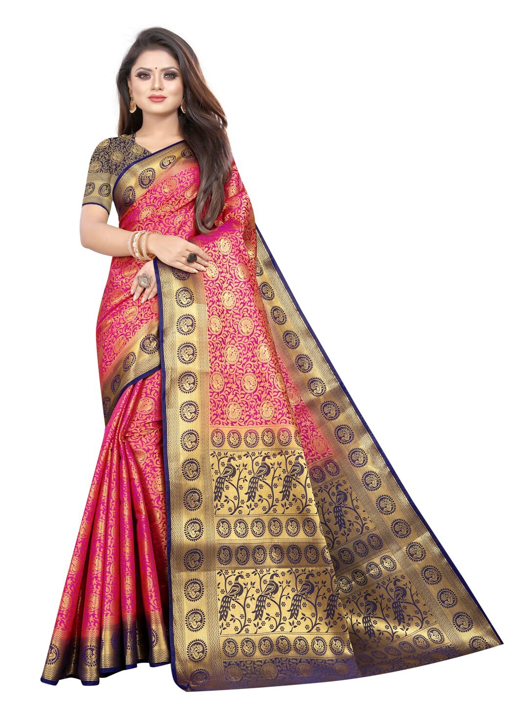 

PERFECT WEAR Red & Navy Blue Woven Design Zari Silk Cotton Banarasi Saree