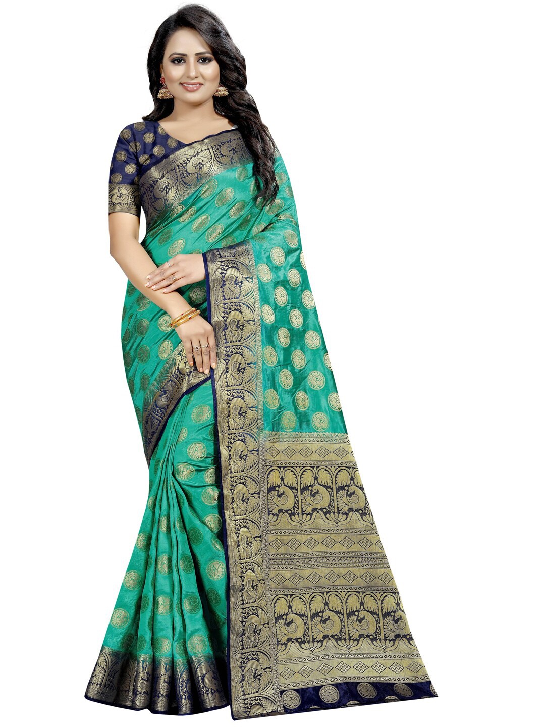 

PERFECT WEAR Green & Navy Blue Ethnic Motifs Zari Silk Cotton Banarasi Saree