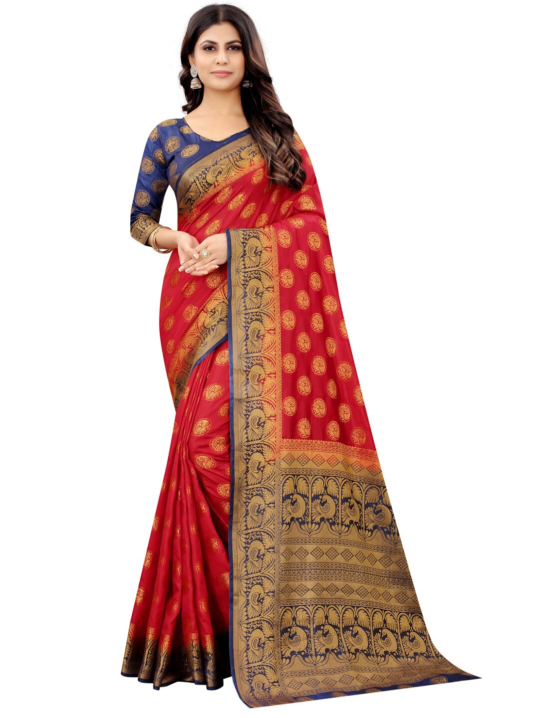 

PERFECT WEAR Red & Navy Blue Ethnic Motifs Zari Silk Cotton Banarasi Saree