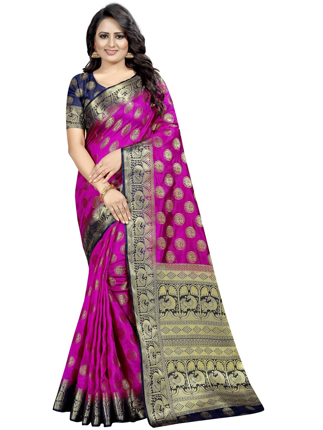 

PERFECT WEAR Pink & Navy Blue Woven Design Zari Silk Cotton Banarasi Saree