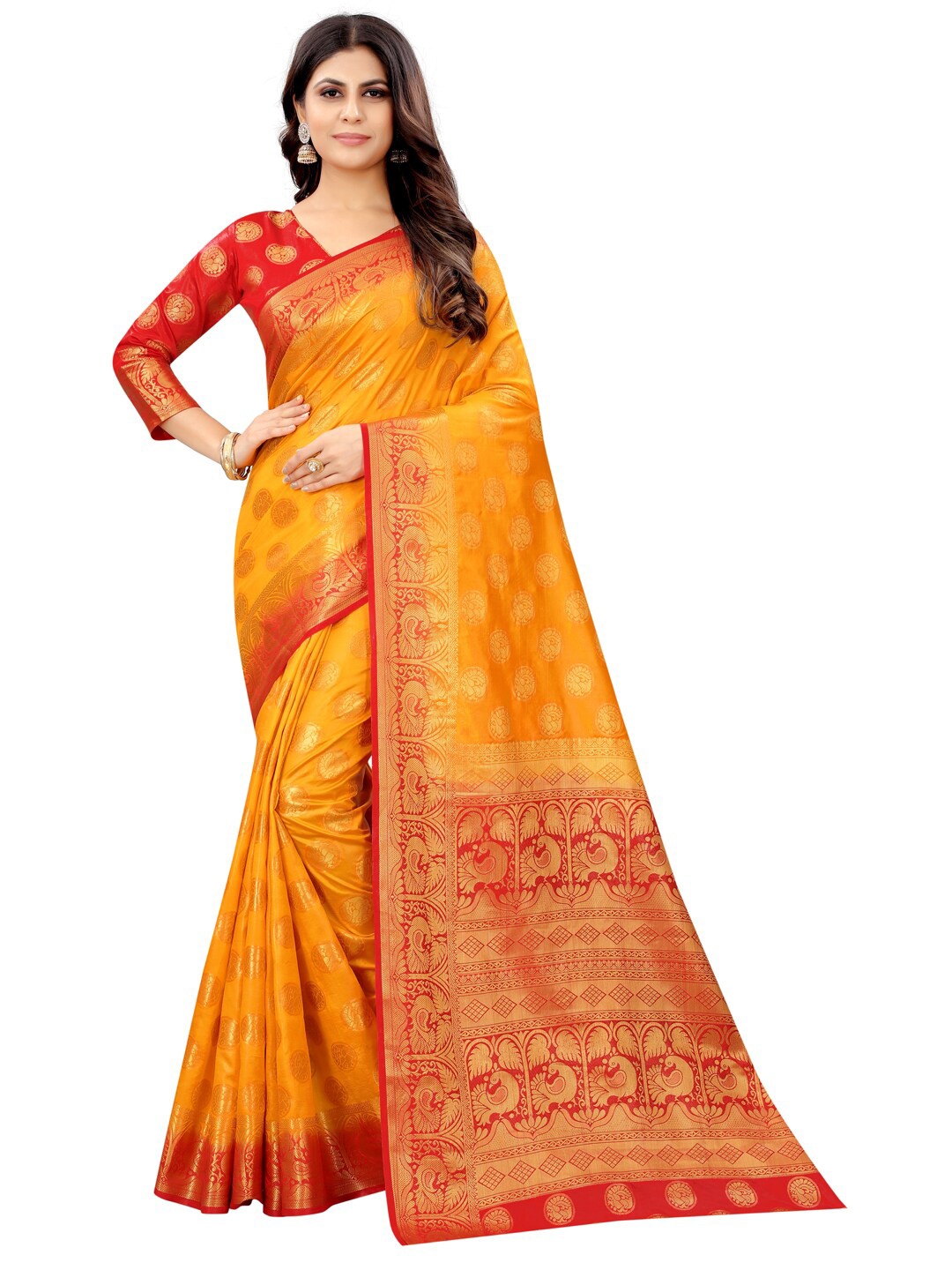 

PERFECT WEAR Yellow & Red Ethnic Motifs Zari Silk Cotton Banarasi Saree