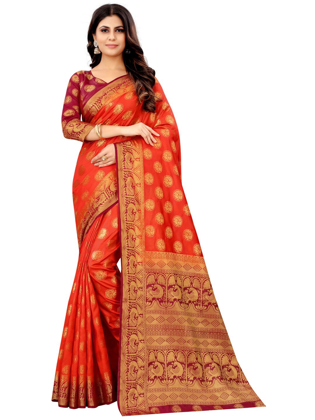 

PERFECT WEAR Red & Maroon Woven Design Zari Silk Cotton Banarasi Saree