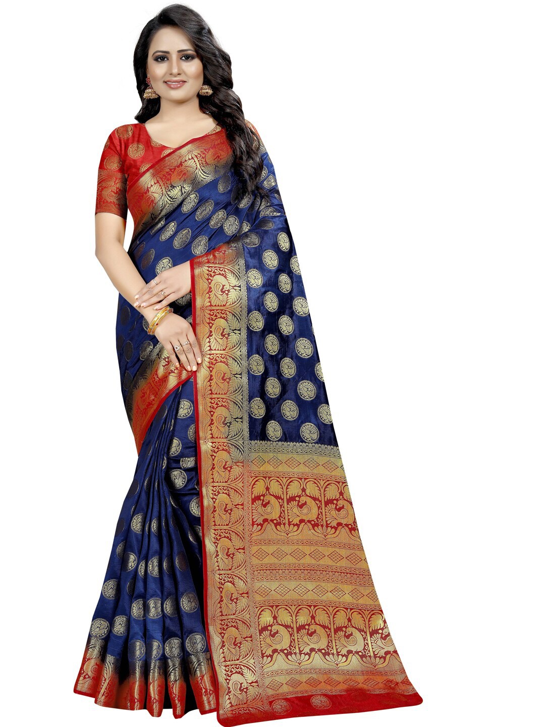 

PERFECT WEAR Blue & Red Ethnic Motifs Zari Silk Cotton Banarasi Saree