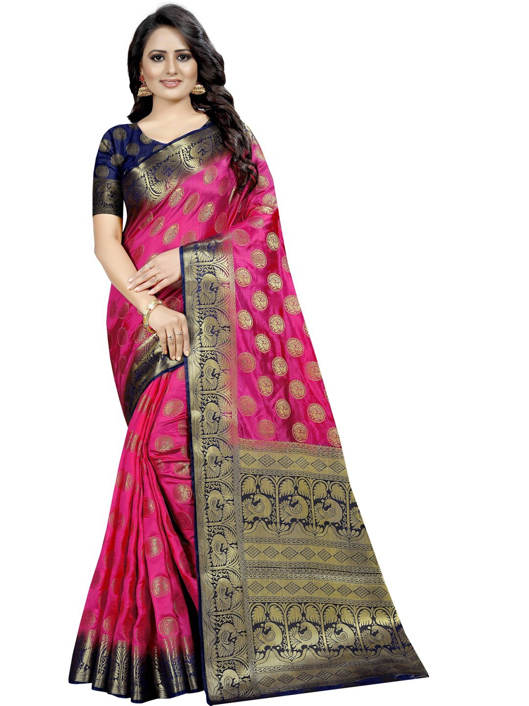 

PERFECT WEAR Pink & Blue Ethnic Motifs Zari Silk Cotton Banarasi Saree