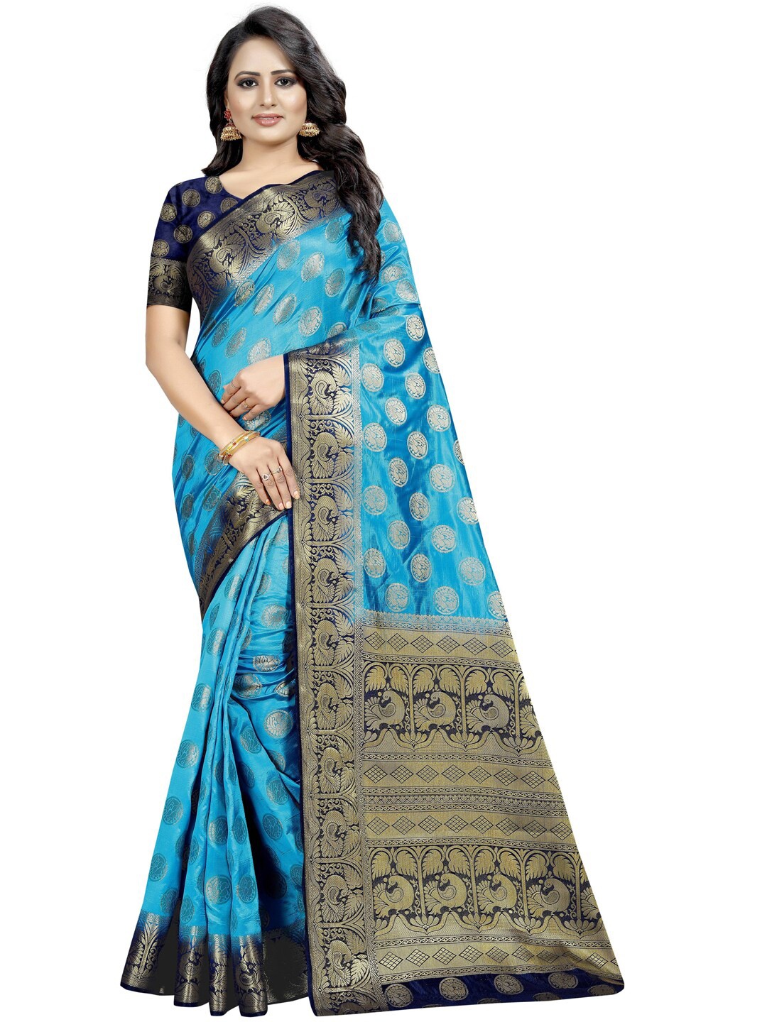 

PERFECT WEAR Blue & Gold-Toned Ethnic Motifs Zari Silk Cotton Banarasi Saree