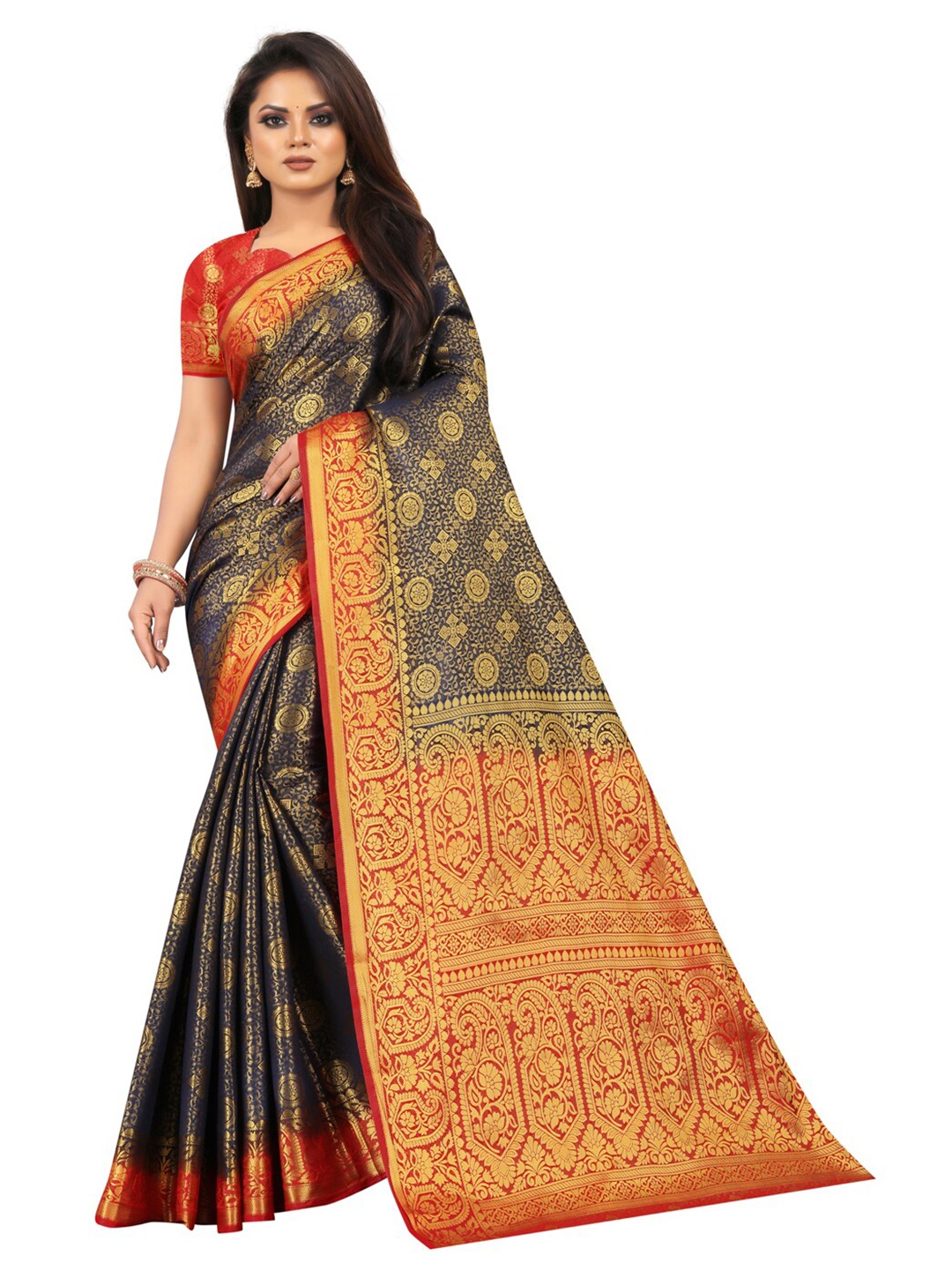 

PERFECT WEAR Navy Blue & Red Woven Design Zari Silk Cotton Banarasi Saree