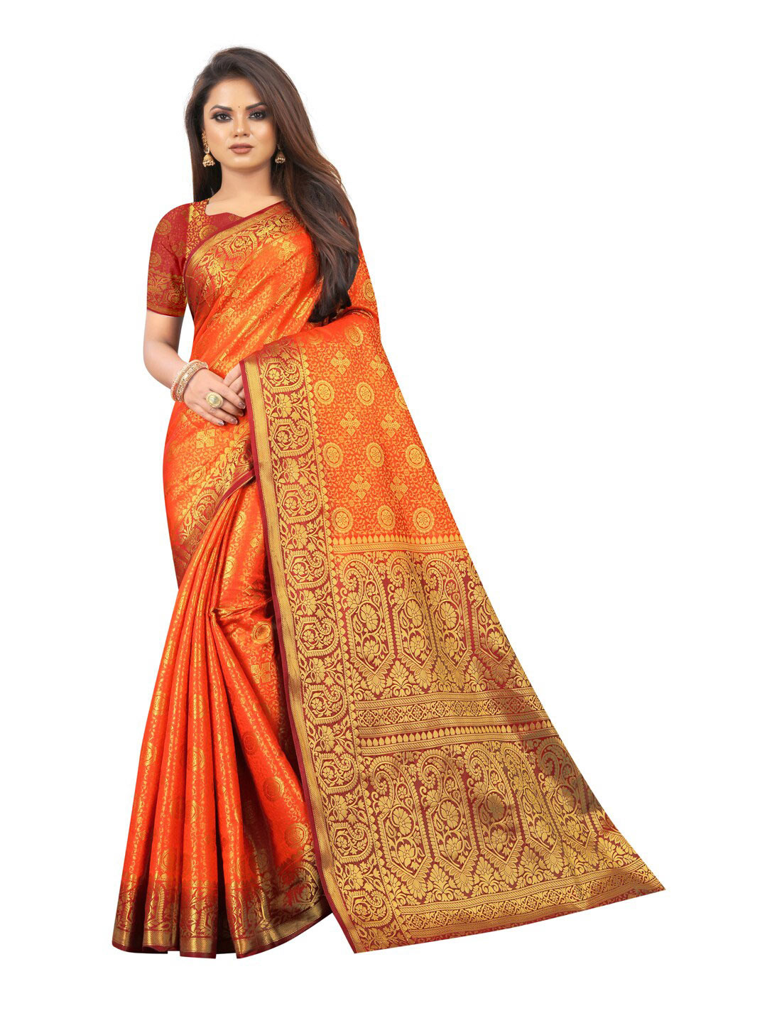

PERFECT WEAR Orange & Red Ethnic Motifs Silk Cotton Banarasi Saree