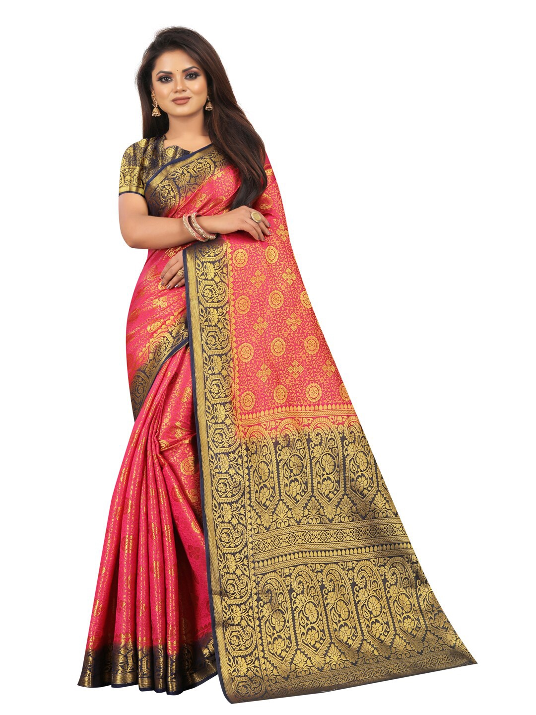 

PERFECT WEAR Pink & Blue Ethnic Motifs Zari Silk Cotton Banarasi Saree