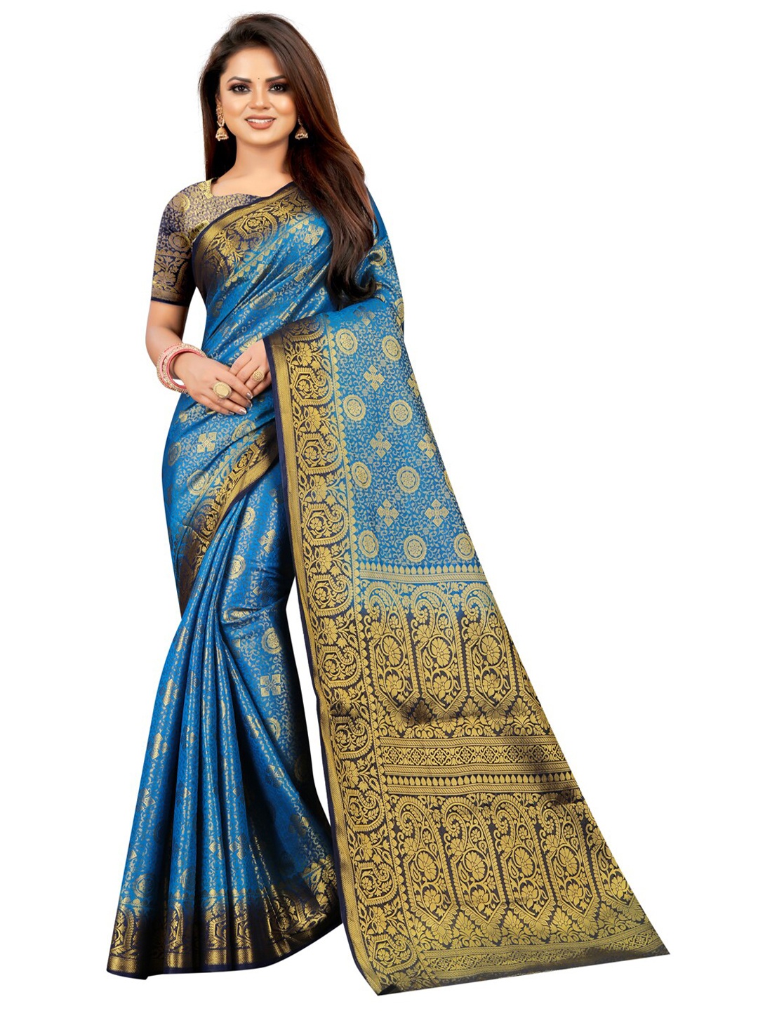 

PERFECT WEAR Blue & Golden Ethnic Motifs Zari Silk Cotton Banarasi Saree