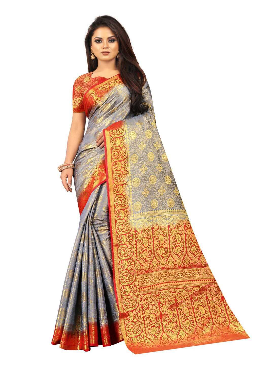

PERFECT WEAR Grey & Red Woven Design Zari Silk Cotton Banarasi Saree