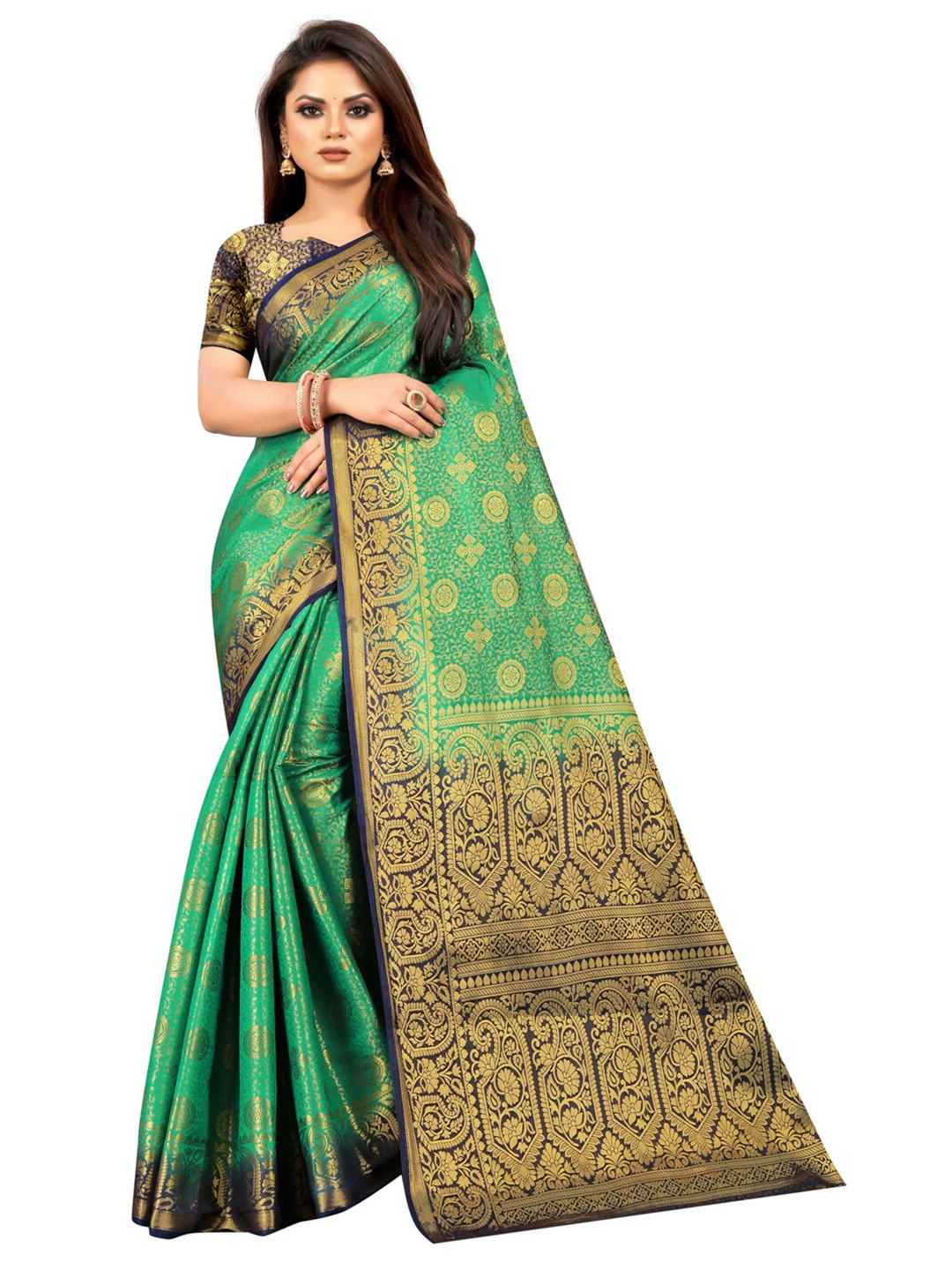 

PERFECT WEAR Navy Blue & Green Ethnic Motifs Zari Silk Cotton Banarasi Saree
