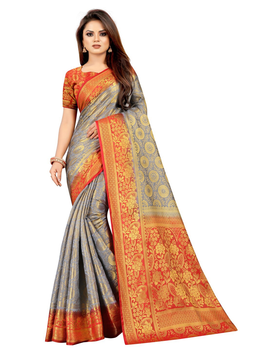 

PERFECT WEAR Grey & Red Woven Design Zari Silk Cotton Banarasi Saree