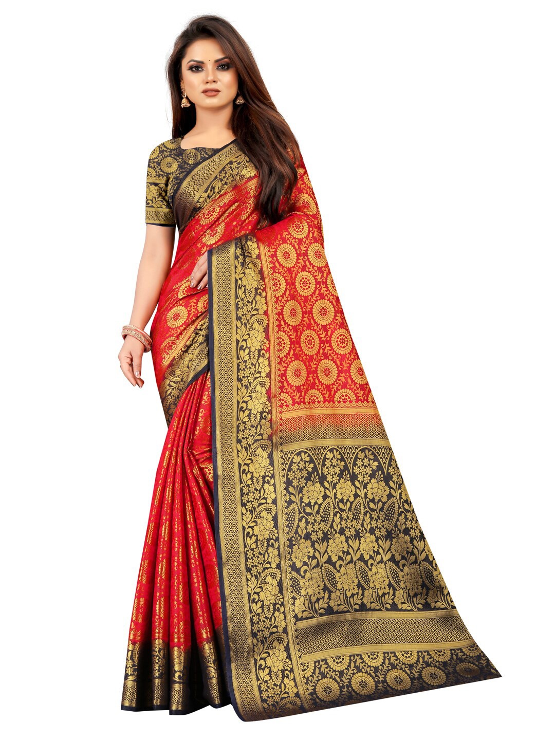 

PERFECT WEAR Red & Black Ethnic Motifs Silk Cotton Banarasi Saree