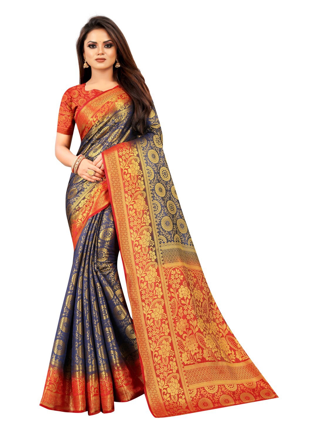 

PERFECT WEAR Blue & Red Woven Design Zari Silk Cotton Banarasi Saree
