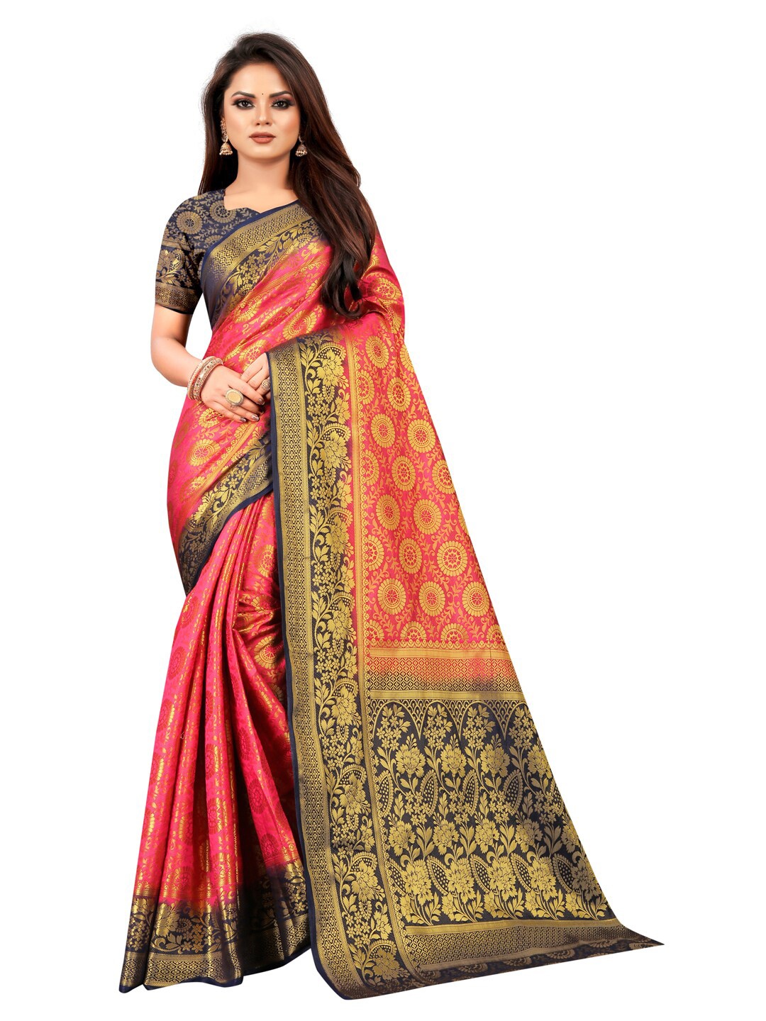 

PERFECT WEAR Red & Gold-Toned Ethnic Motifs Zari Silk Cotton Banarasi Saree