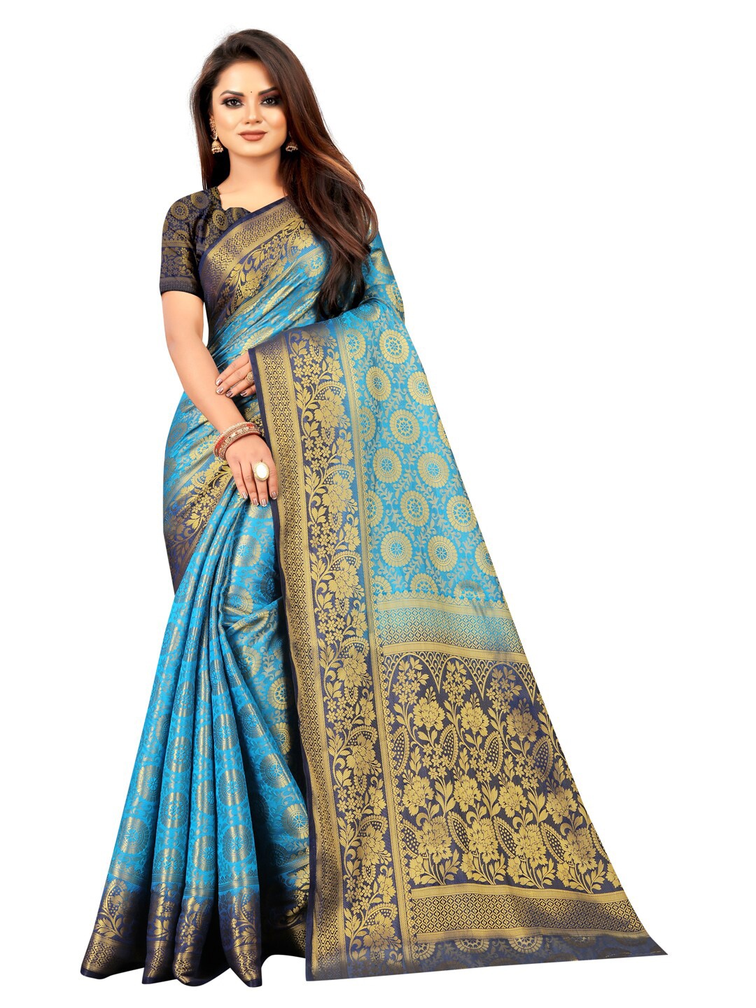 

PERFECT WEAR Navy Blue & Gold-Toned Ethnic Motifs Zari Silk Cotton Banarasi Saree