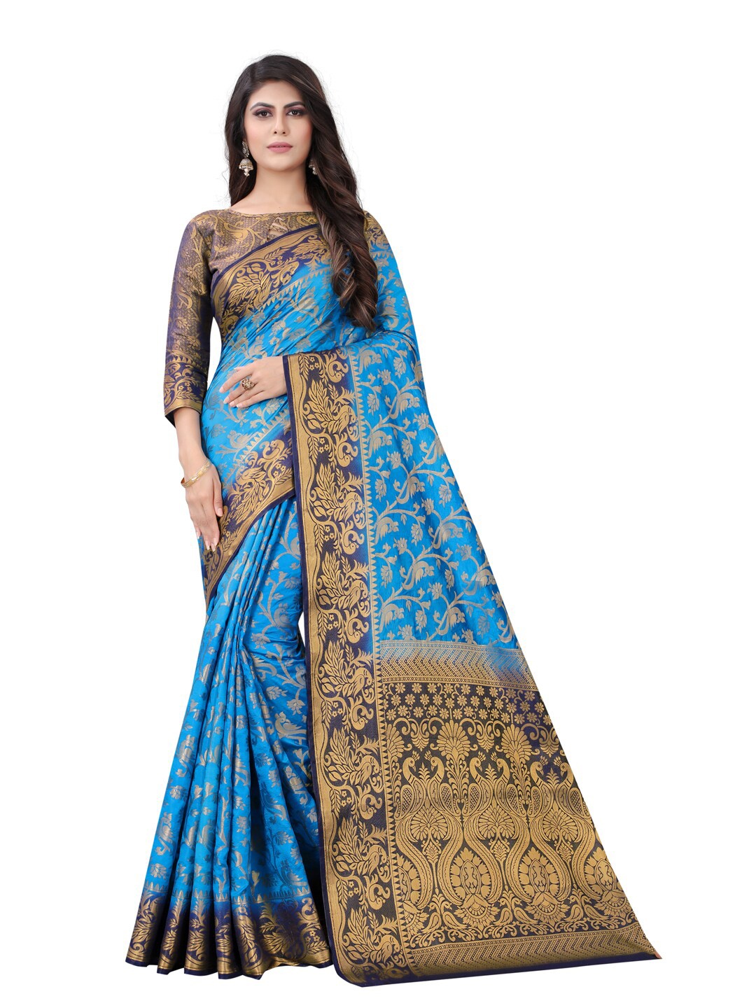 

PERFECT WEAR Turquoise Blue & Navy Blue Woven Design Zari Silk Cotton Banarasi Saree