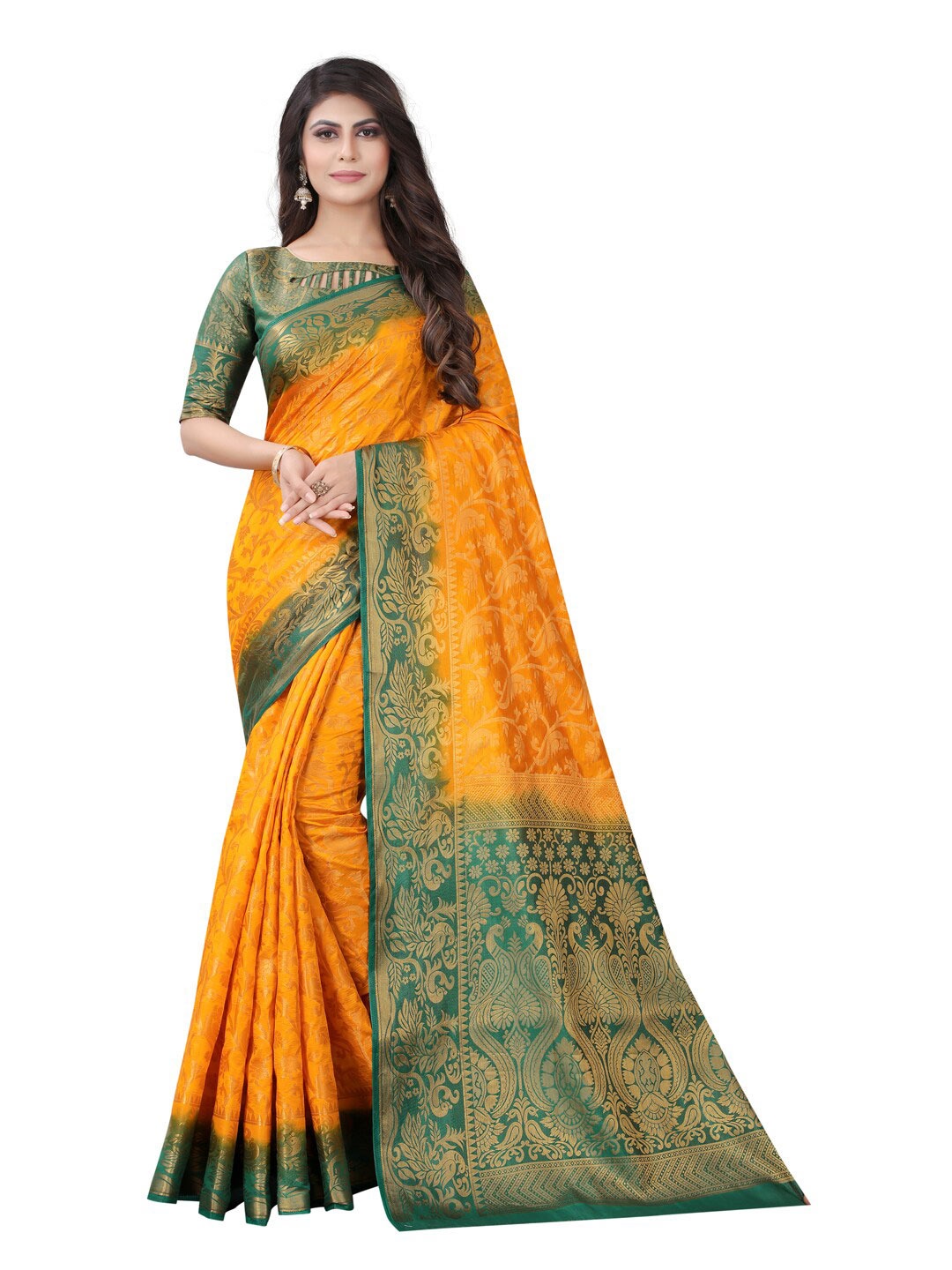 

PERFECT WEAR Orange & Green Ethnic Motifs Silk Cotton Banarasi Saree