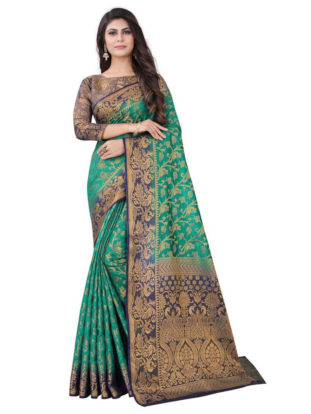 

PERFECT WEAR Green & Blue Ethnic Motifs Zari Silk Cotton Banarasi Saree