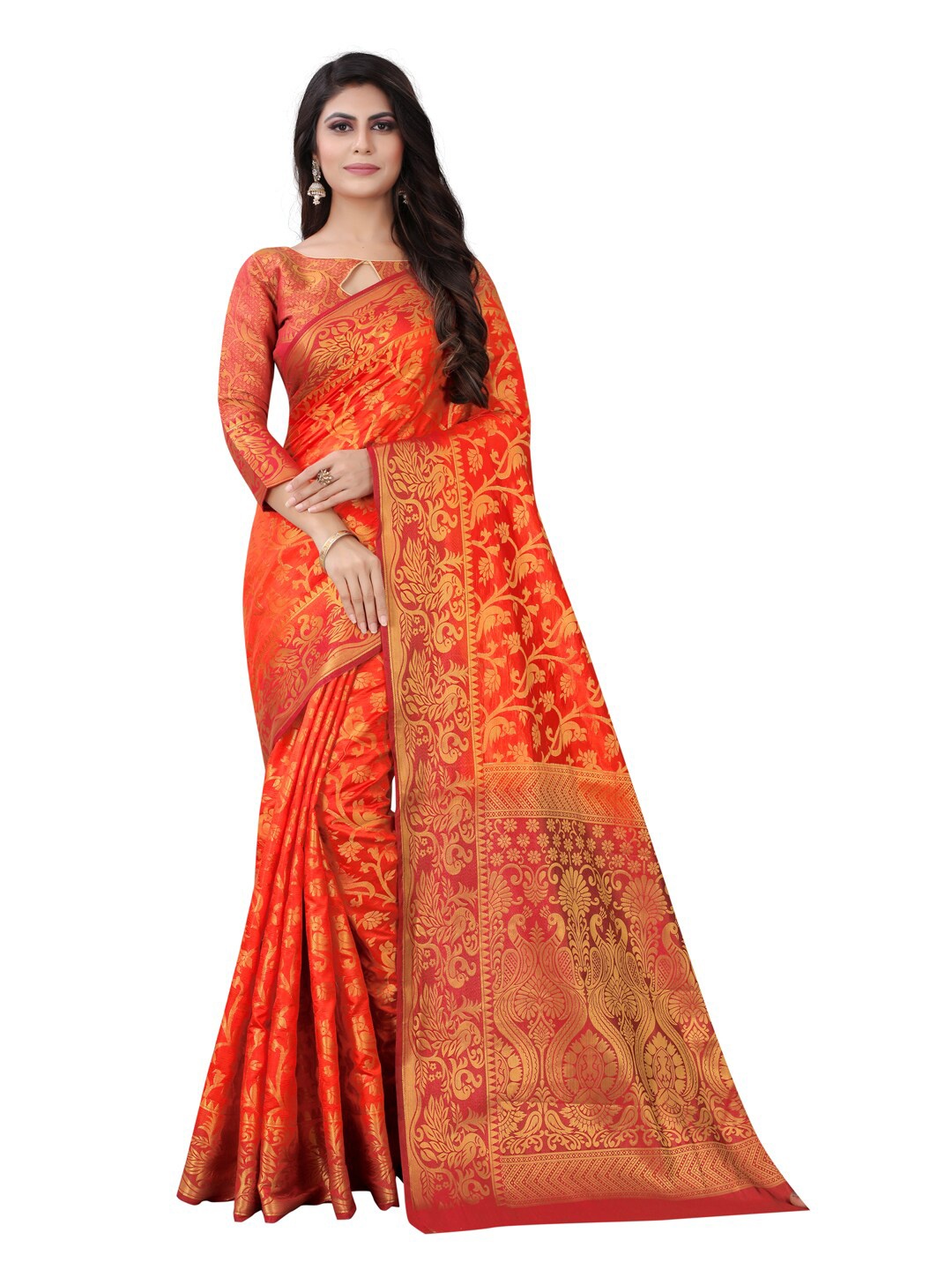 

PERFECT WEAR Orange & Red Woven Design Zari Silk Cotton Banarasi Saree