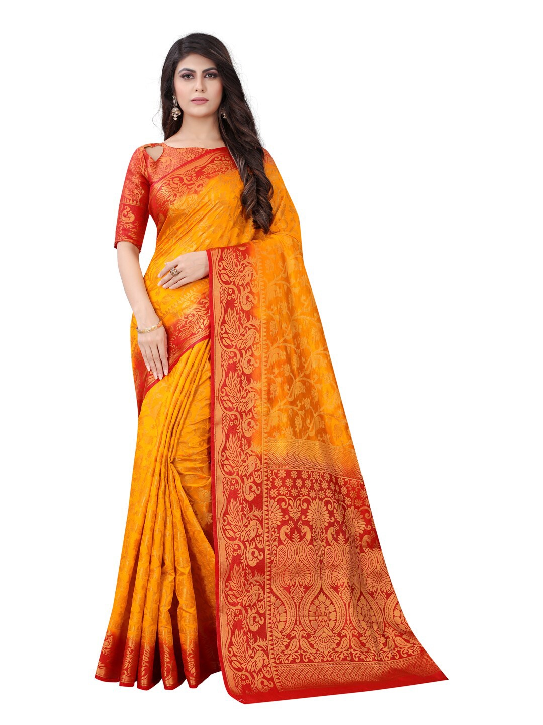 

PERFECT WEAR Yellow & Red Ethnic Motifs Zari Silk Cotton Banarasi Saree