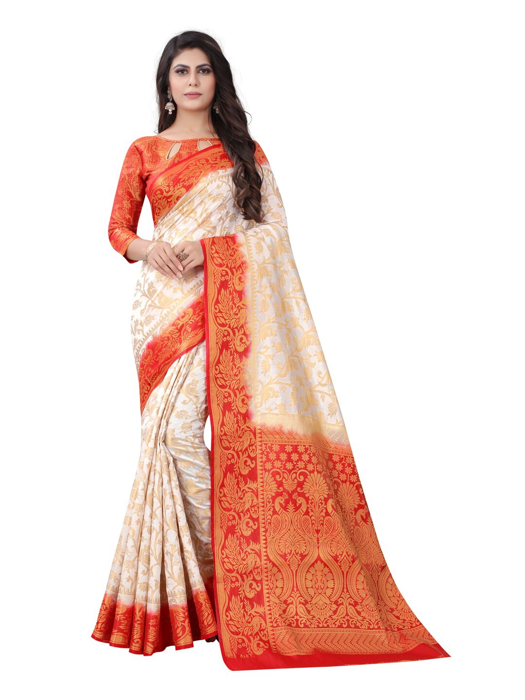 

PERFECT WEAR White & Orange Woven Design Zari Silk Cotton Banarasi Saree