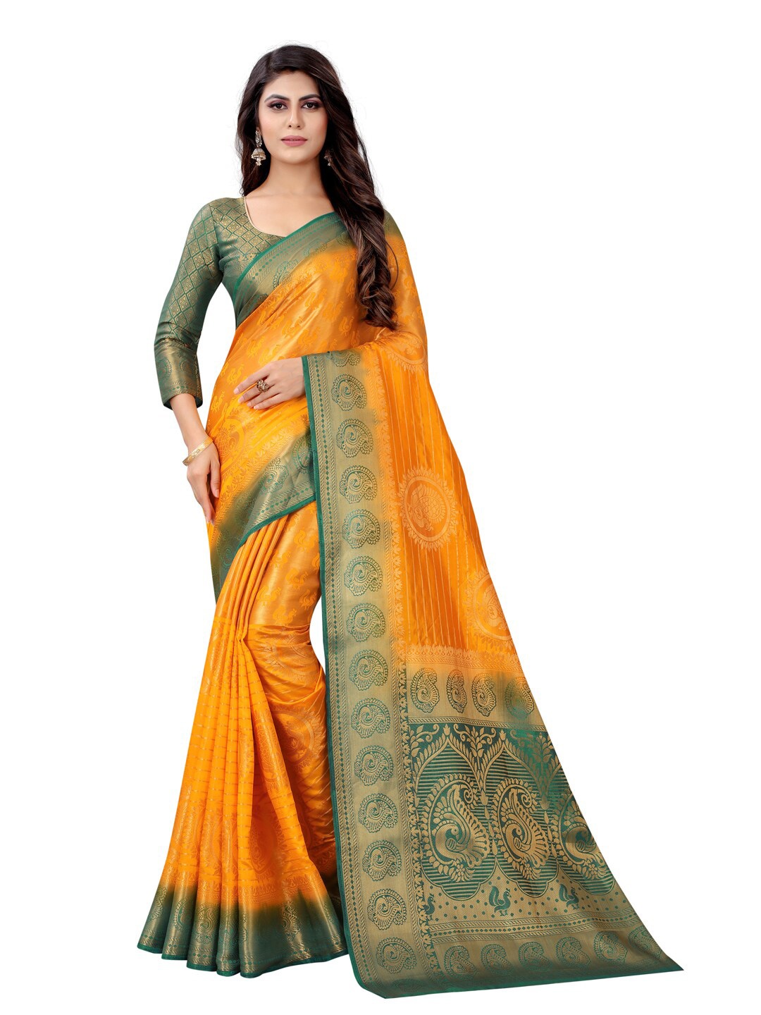 

PERFECT WEAR Mustard Yellow & Green Ethnic Motifs Zari Silk Cotton Banarasi Saree