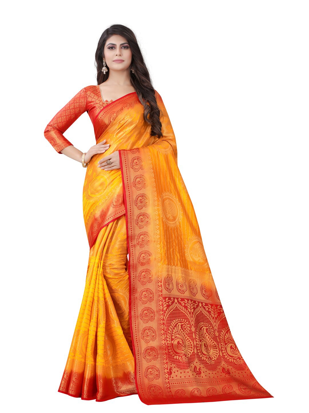 

PERFECT WEAR Yellow & Red Ethnic Motifs Zari Silk Cotton Banarasi Saree