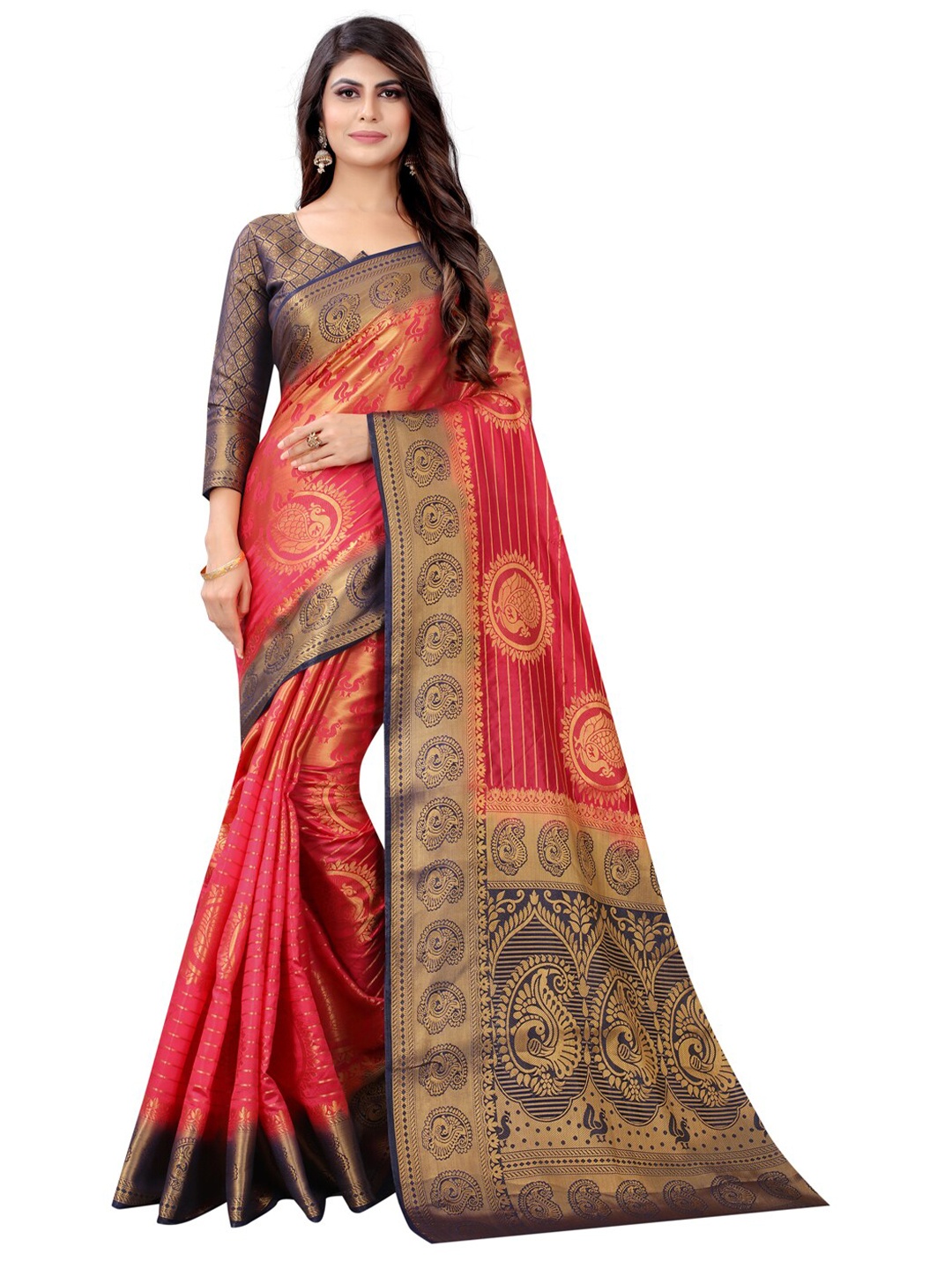 

PERFECT WEAR Fuchsia & Navy Blue Woven Design Zari Silk Cotton Banarasi Saree