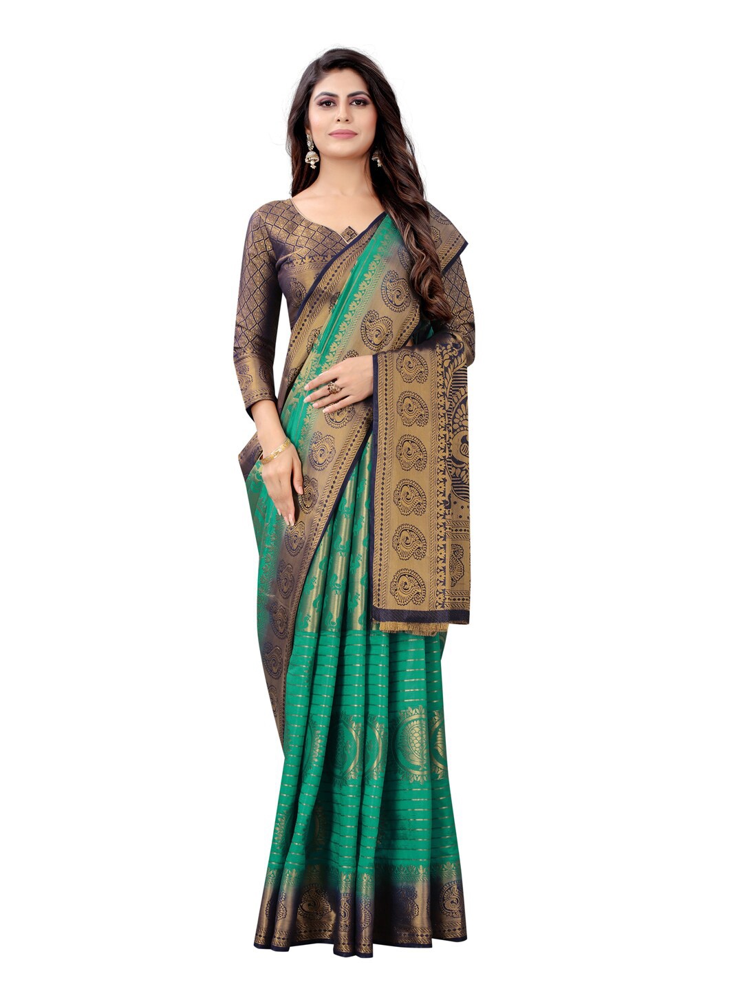 

PERFECT WEAR Navy Blue & Green Ethnic Motifs Zari Silk Cotton Banarasi Saree