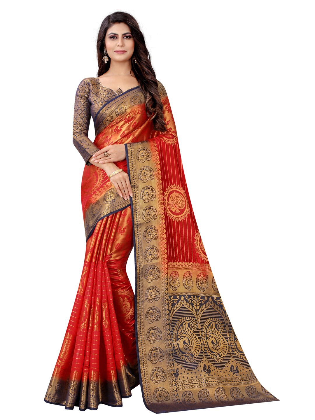 

PERFECT WEAR Red & Gold-Toned Ethnic Motifs Silk Cotton Banarasi Saree